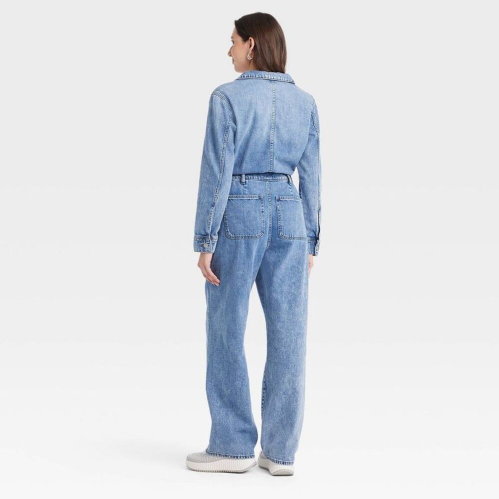 Women's Long Sleeve Utility Baggy Denim Jumpsuit - Medium Wash - Picture 2 of 3